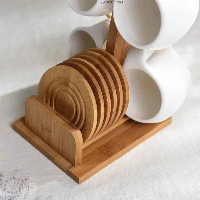 Simple Ceramic Tea Pot Set 190ml Tea Cup, Coffee Cup, Three-dimensional Bamboo and Wood Support, Striped Anti-skid Coaster