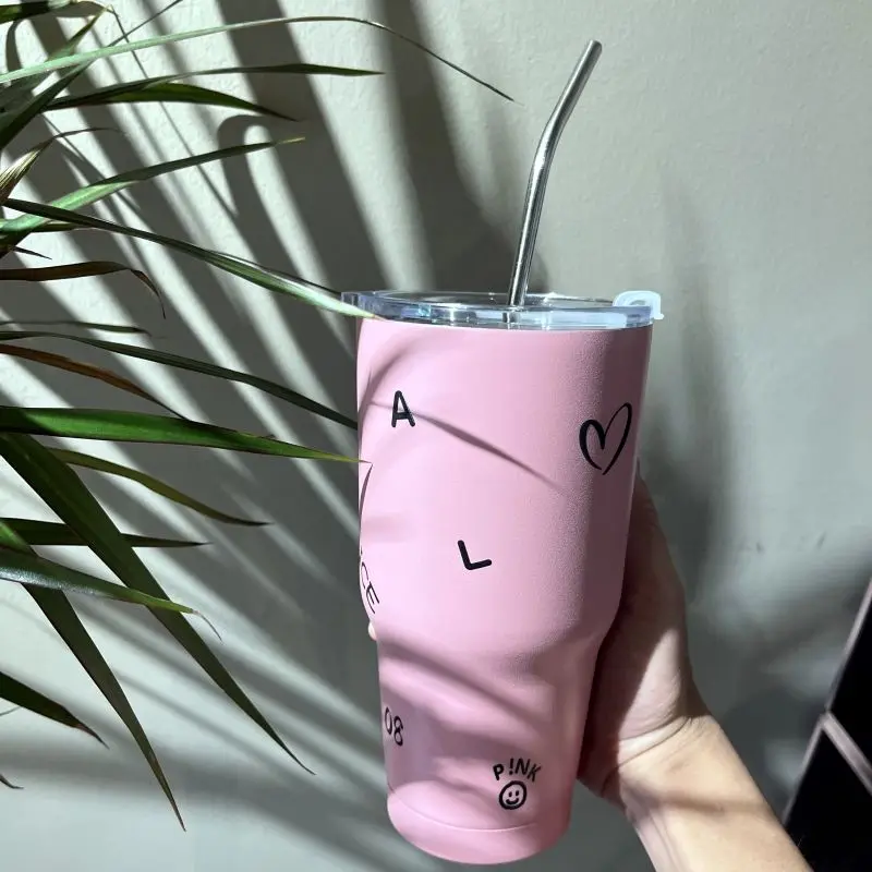 1250ml Kpop Black & Pink Thermal Water Bottle Stainless Steel Tumbler with  Handle Straw Cup Portable Car Coffee Mug Drinkware - AliExpress