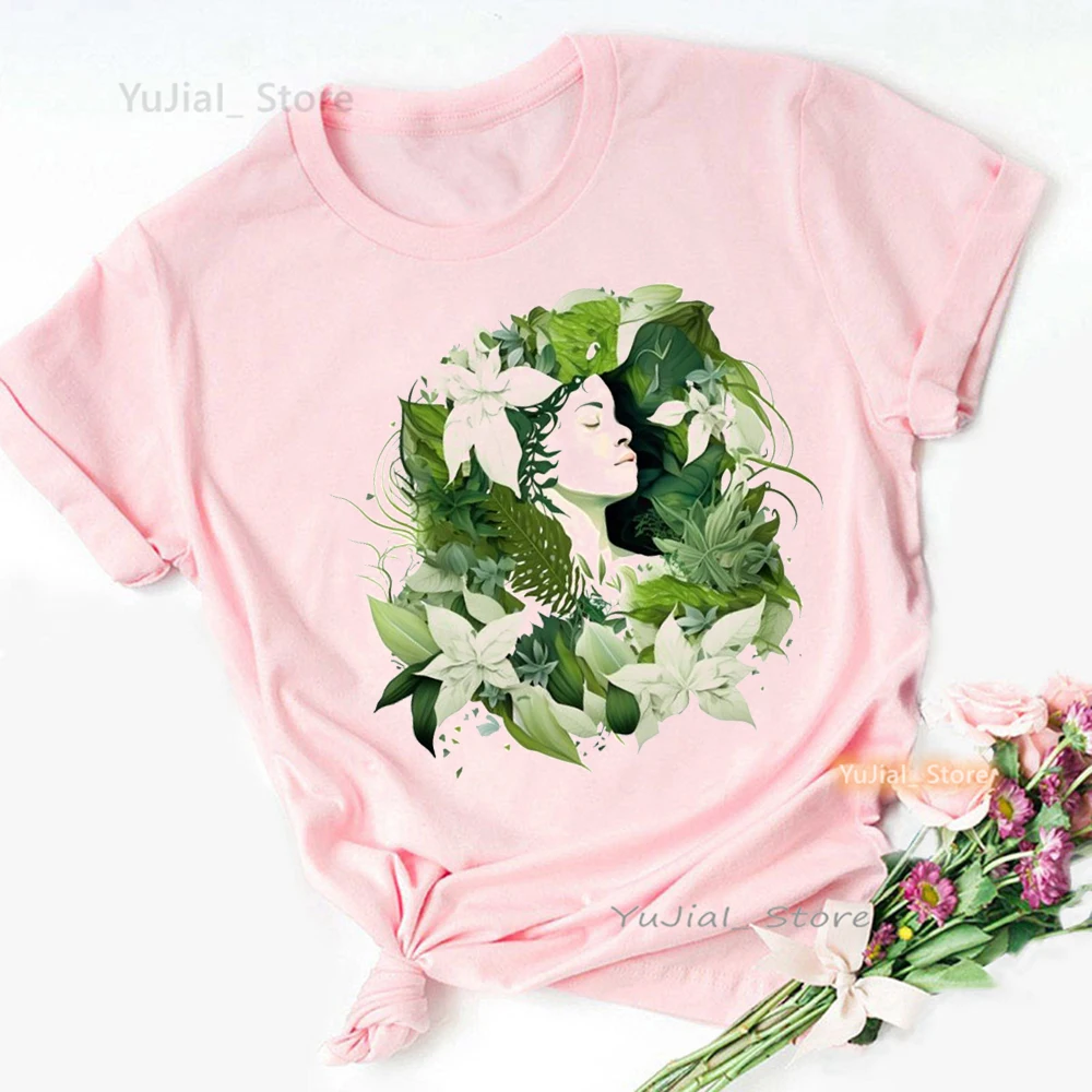 Künstlerische ästhetische grüne Blätter Mädchen drucken T-Shirt Mädchen Sommer Mode Tops T-Shirt Femme weiß rosa Kurzarm T-Shirt – Detail 7