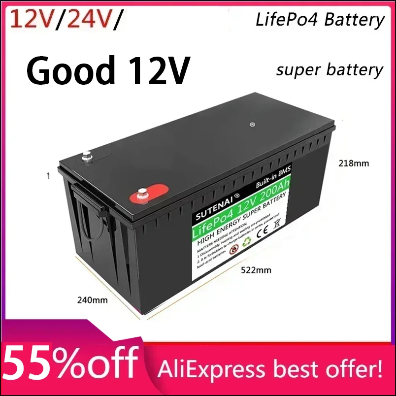 

GOOD 12V 200AH 24V 100AH LiFePO4 Battery Built-in BMS for Solar Power System RV Campers Golf Cart Off-road Solar Deep Cycle