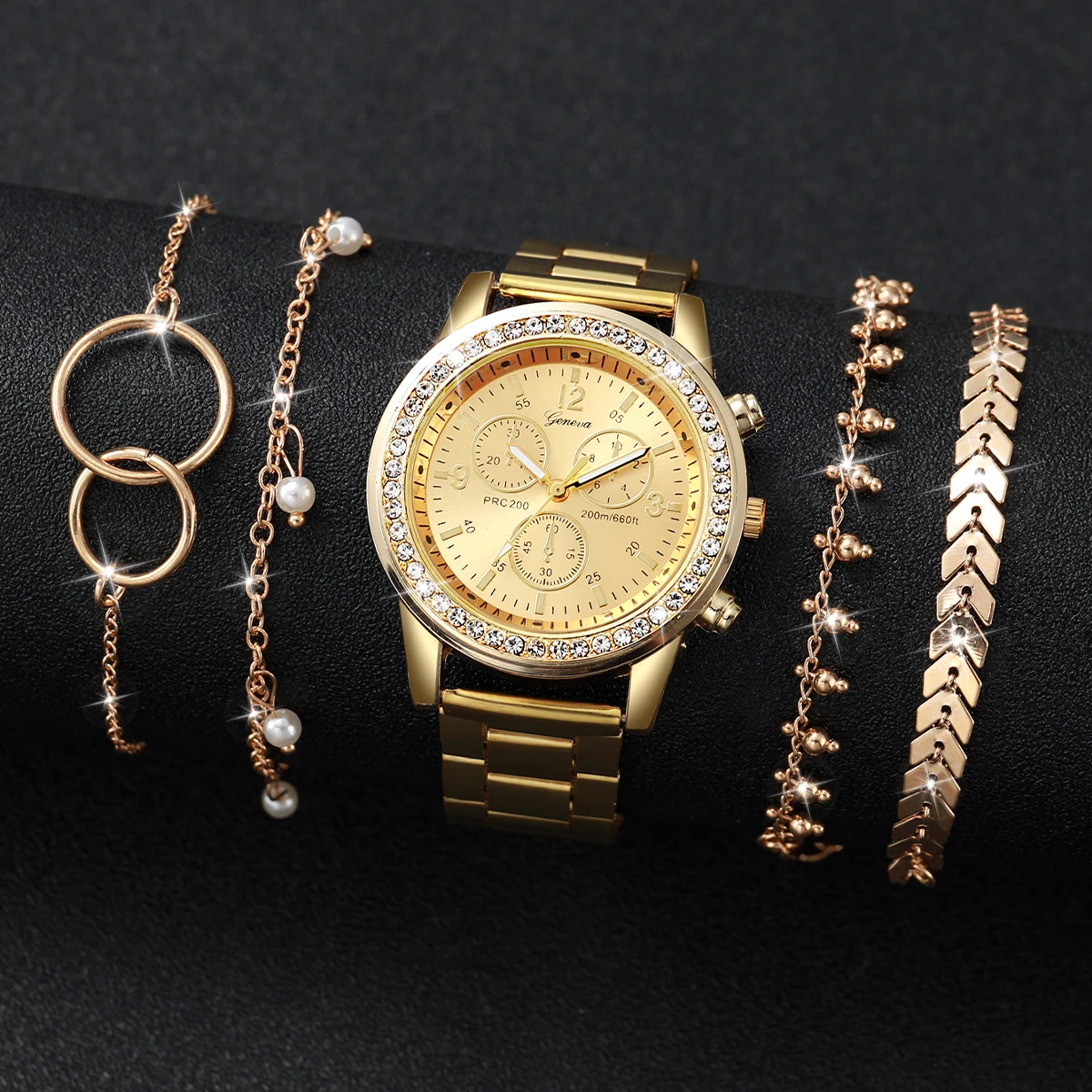 Fashion Women Golden Color Stainless Steel Quartz Watch With Bracelet Set 5PCs 2