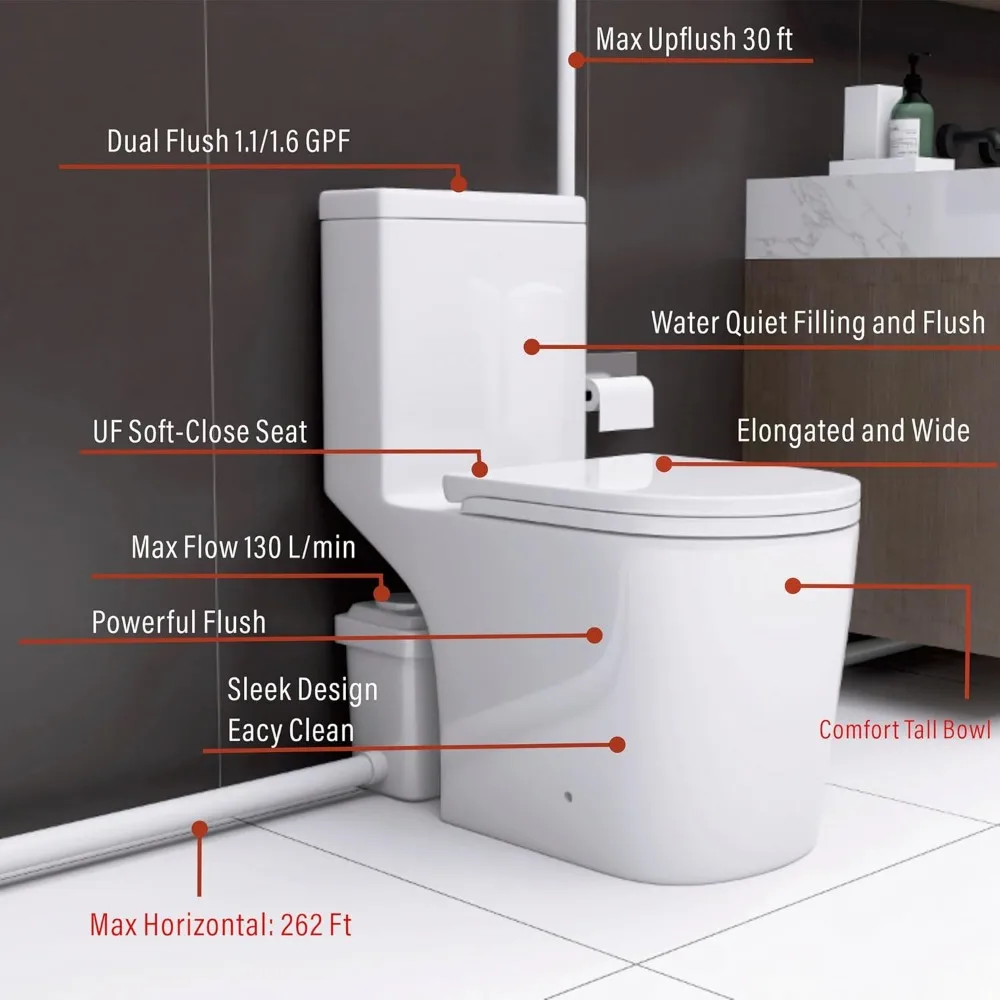Macerating Toilet System with 600W Pump for Basement,With 3 Water Inlet, Powerful Upflush One Piece Toilet 4