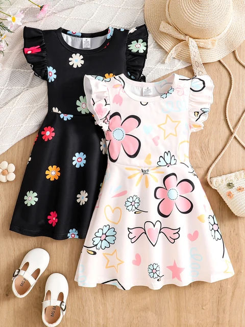 Ensemble de 2 robes d'été simples et tendance pour filles, robe mi-longue à col rond et manches bouffantes, imprimée de fleurs et de cœurs, taille cintrée, vêtements polyvalents pour filles, tenues rétro élégantes pour jeunes filles, vêtements d'extérieur pour jeunes filles 1