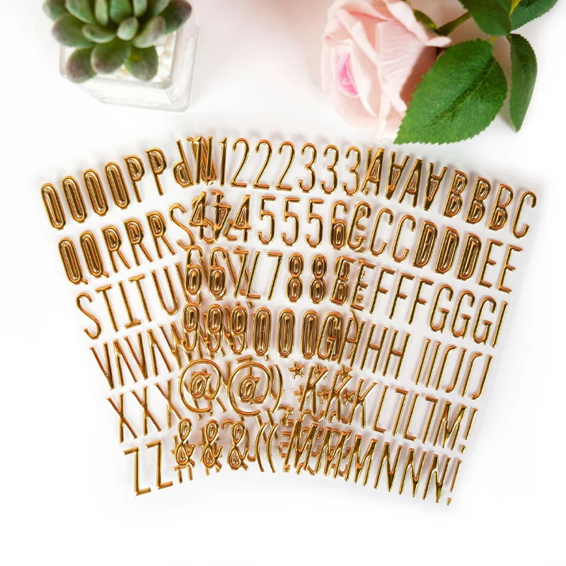 3 Feuilles Autocollants Lettres Et Chiffres Dorés En Relief - Stickers 3D Pour Scrapbooking, Projets DIY, Décoration Créative