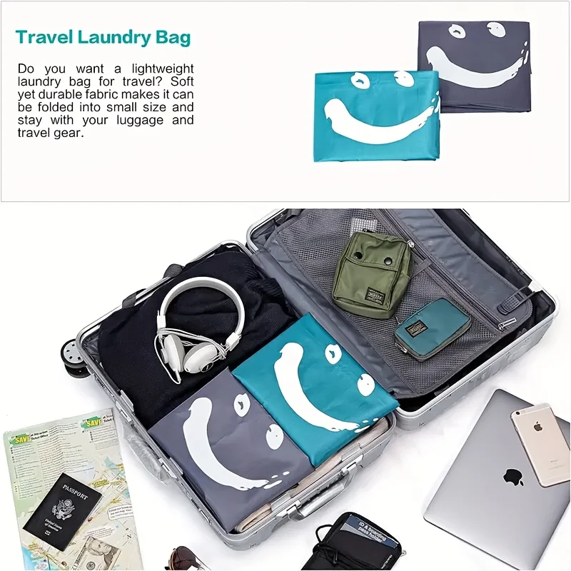 Oxford Laundry Bag Drawstring "Wash Me" joyful Face Design Travel Moving Storage Solution, Multi-Purpose Dirty Clothes Organizer