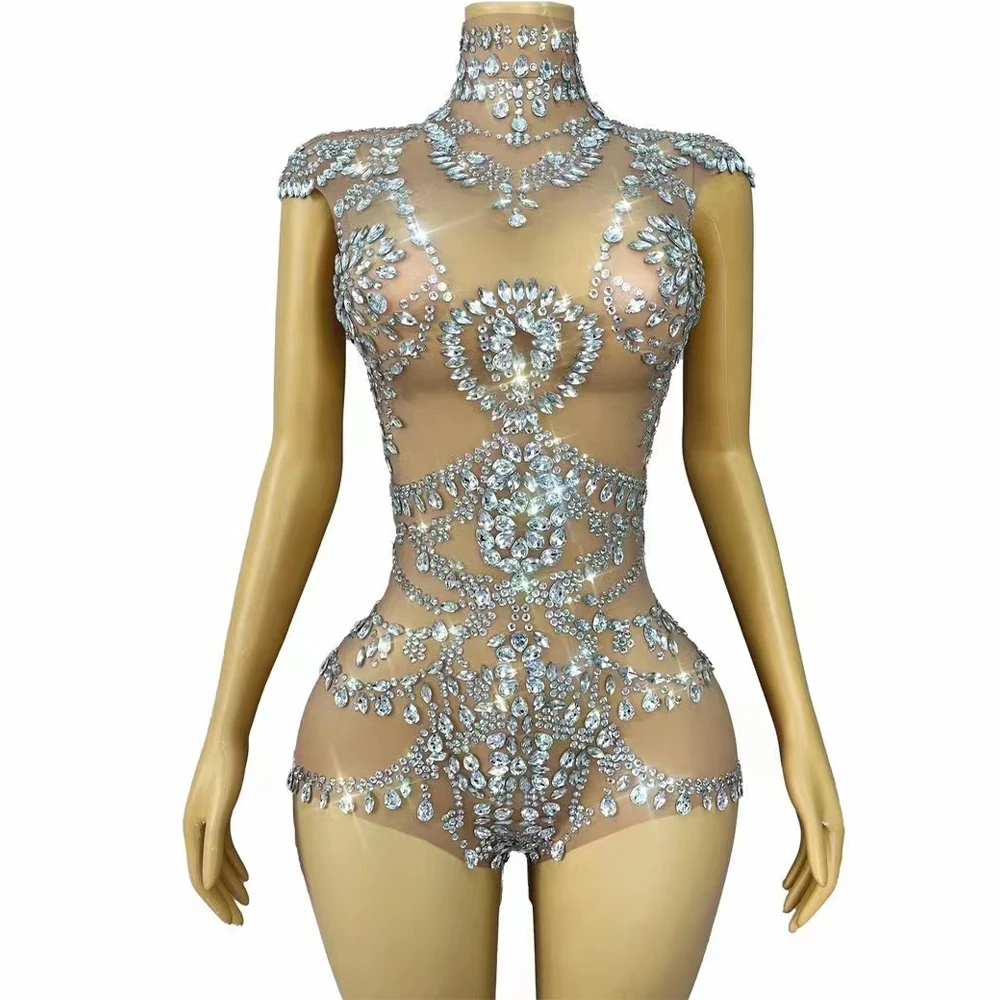 Sexy Luxury Blingbling Silver Rhinestones Leotard Transparent Mesh Stretch Costume Club Party Dance Perform Photoshoot Bodysuit