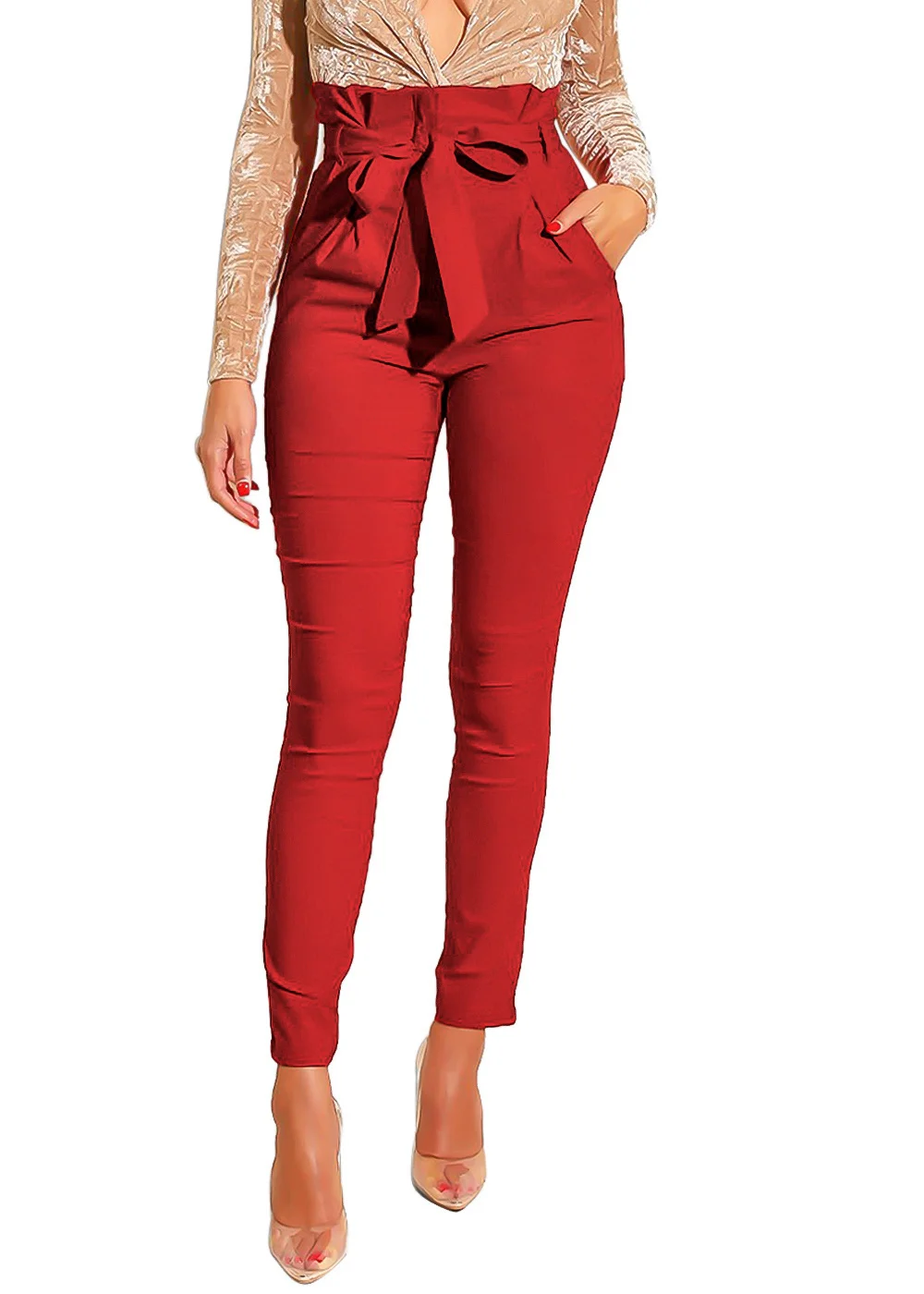 Dressmecb Solid Red Casual Pants Women Pants High Waist Ruched Bow Pencil Pants Female Summer Fashion Autumn Long Trousers 2021 plus size clothing