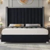 King Size Bed Frame with 58" Tall Headboard, Velvet Upholstered Platform Bed with Wingback Headboard and Plating Trim 2