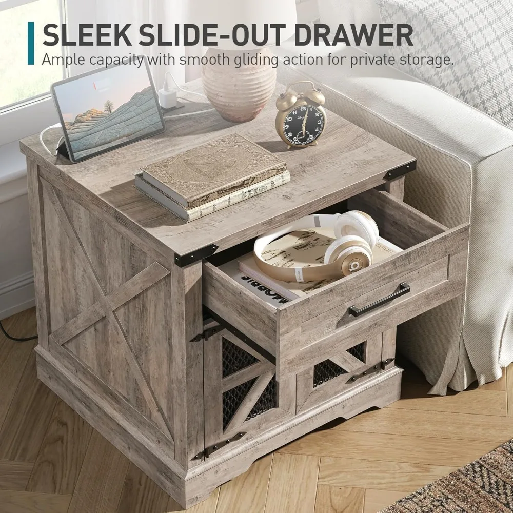 Farmhouse End Table with Charging Station, 24" Large Sofa Side Table with Drawer 5