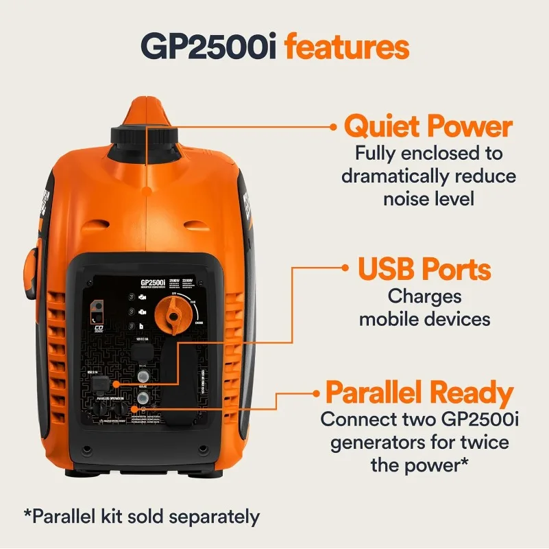 GP2500i 2,500-Watt Gas Powered Portable Inverter Generator Compact and Lightweight Design Produces Clean Stable Power