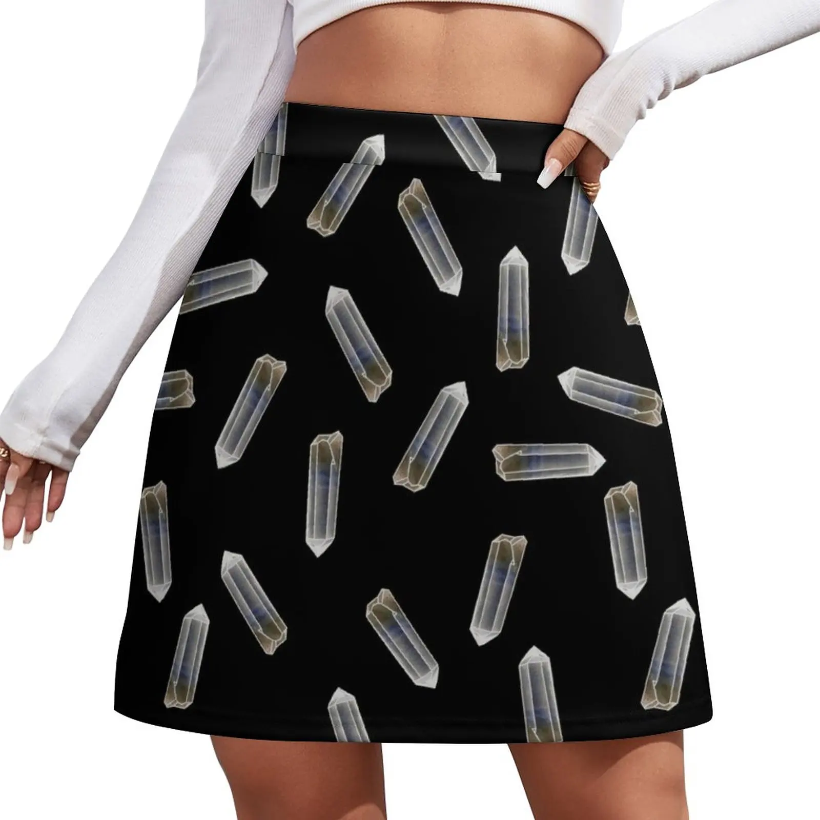 

Quartz Crystals on Black Mini Skirt women's golf wear summer Female dress night club women mini denim skirt