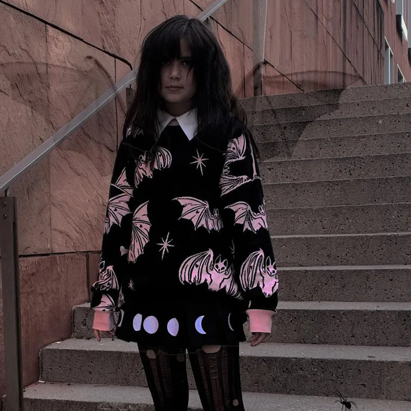 Y2K Gothic Bat Print Black Sweater Fairy Grunge Fashion Winter Aesthetic Pink Black Pullover Harajuku Long Sleeve Top