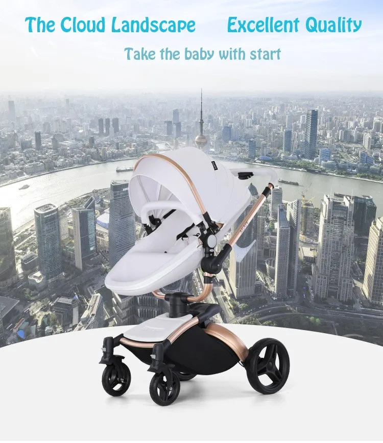 Luxury Leather 3 in 1 Baby Stroller Two Way Suspension 2 in 1 Stroller Safety Car Seat Newborn Bassinet Baby CarriagePram Fold