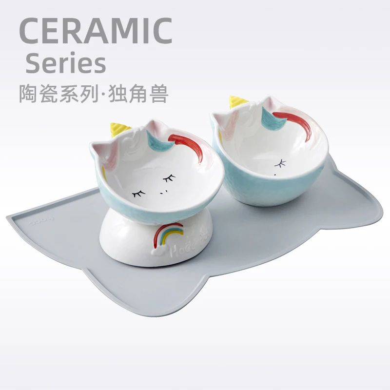 Unicorn cat bowl ceramic protection cervical spine drinking and foof bowl oblique mouth cat food basin high foot
