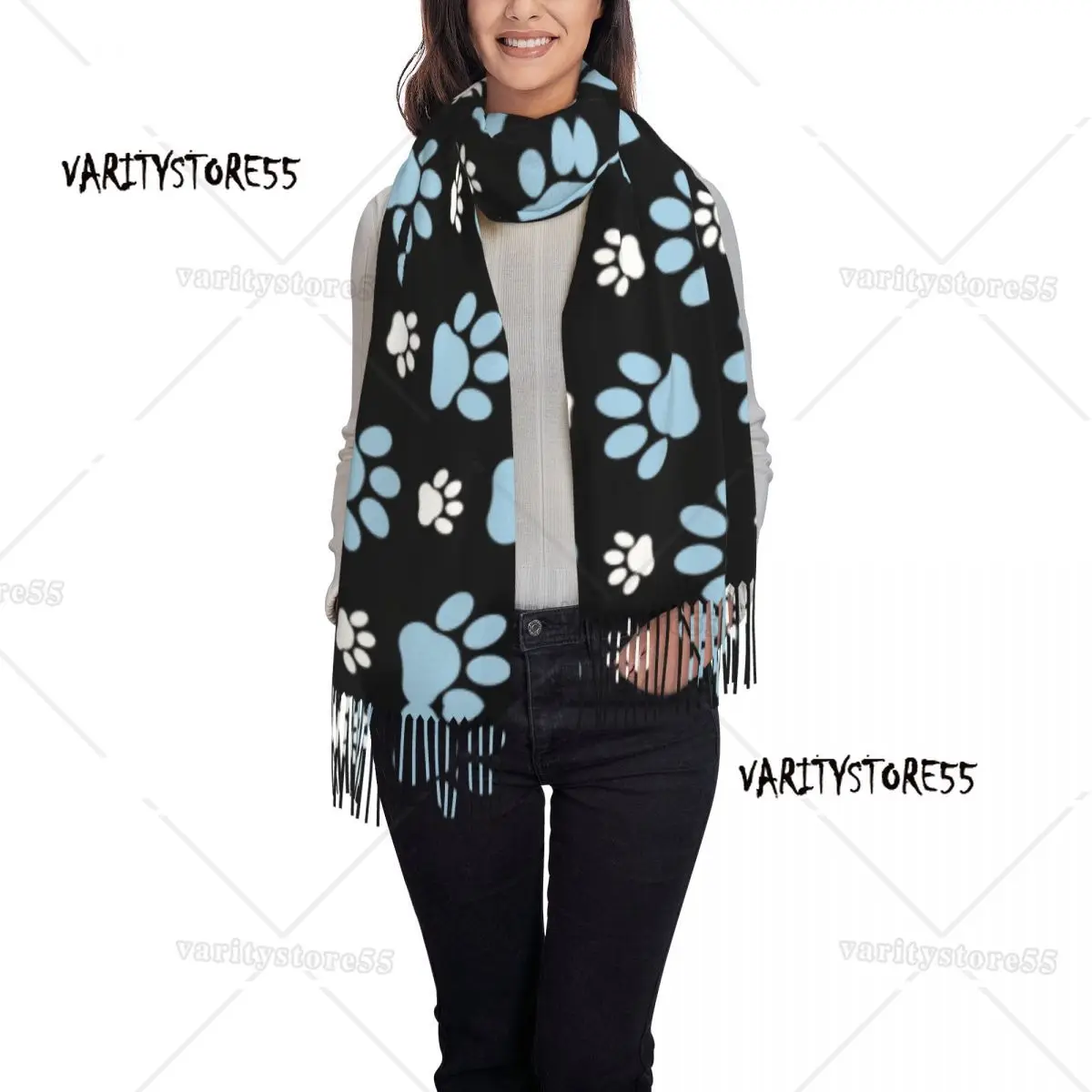 Ladies Long Pattern Of Paws Blue Paw Scarves Women Winter Fall Soft Warm Tassel Shawl Wraps Dog Animal Dogs Scarf