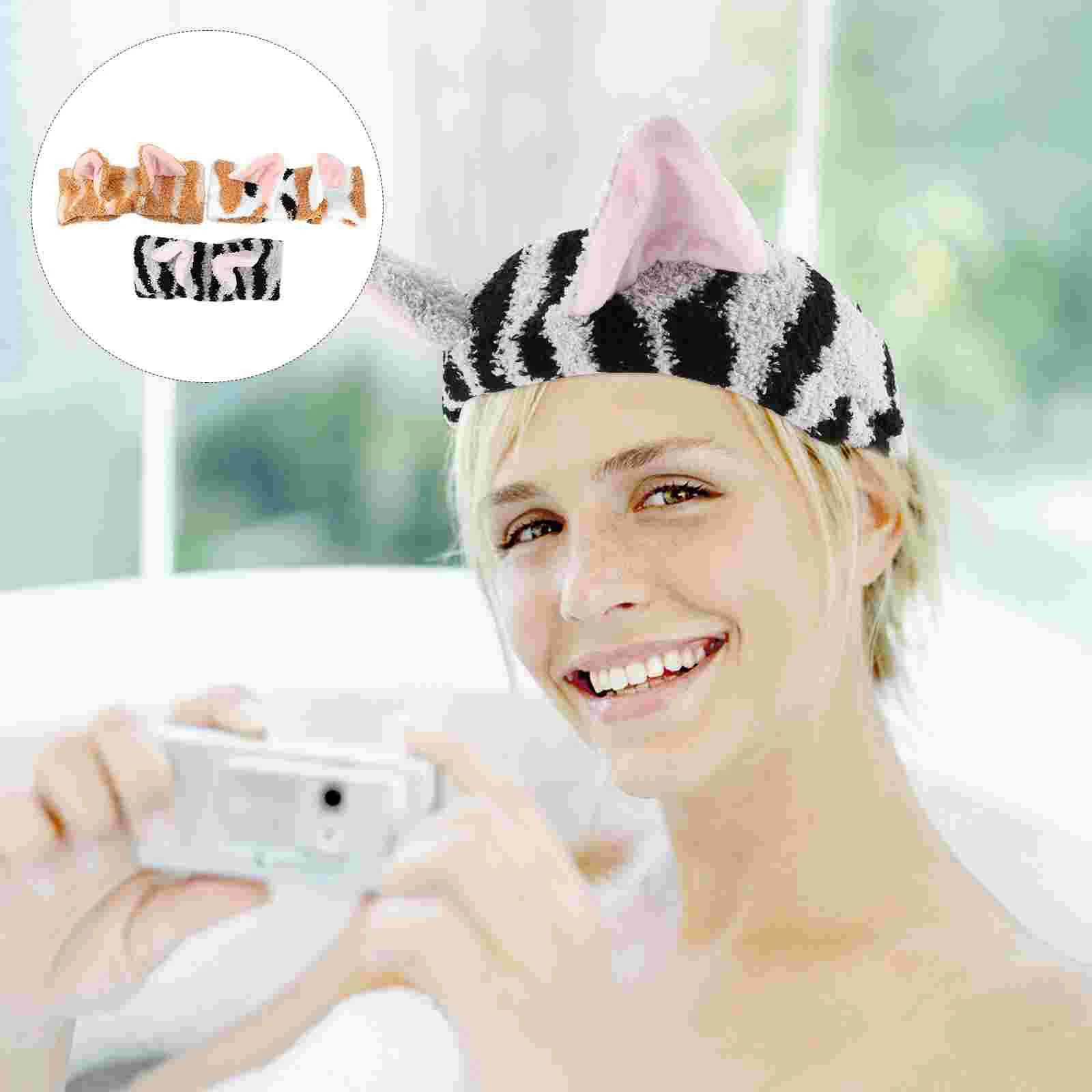 

3 Pcs Cat Ears Headband Face Washing Headbands Towel Makeup Hair Headgear Elastic Polyester Women Headdress Miss Towels