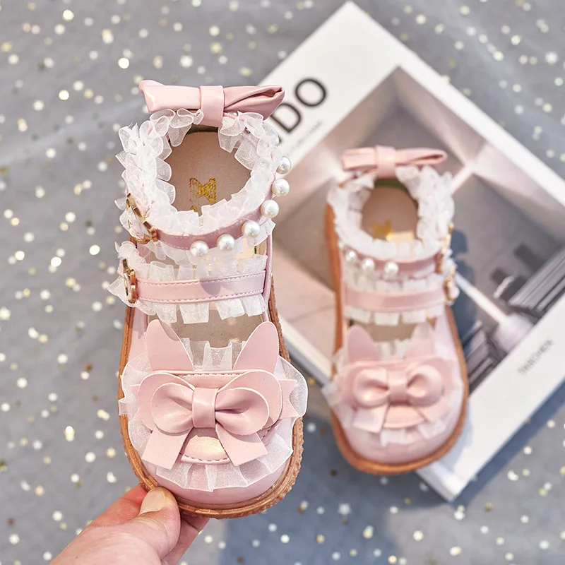 Girls Lolita Leather Shoes Spring Pearl Lace Children Soft Soled Single Shoes Kids Bowknot Princess Chaussure Enfant Fille