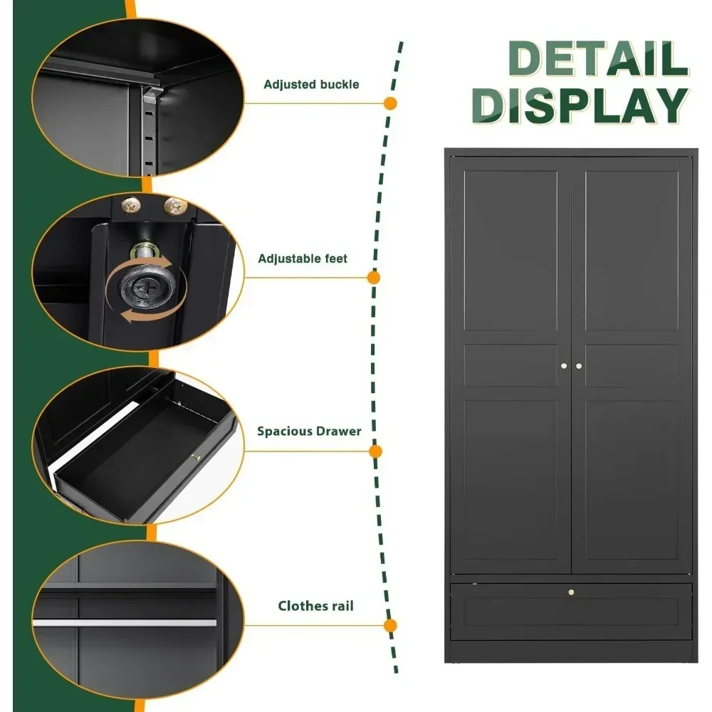 Wardrobe Closet,72" H Clothing Storage Cabinet with Storage Drawer,Metal Storage Cabinet with Adjustable Shelves and Hanging Rod 3
