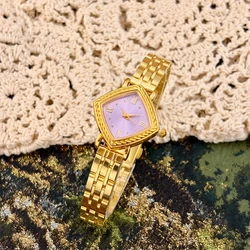 Elegant Gold Mid - Century Retro Watch with Diamond Dial and Brushed Stainless Steel Band (Golden purple)