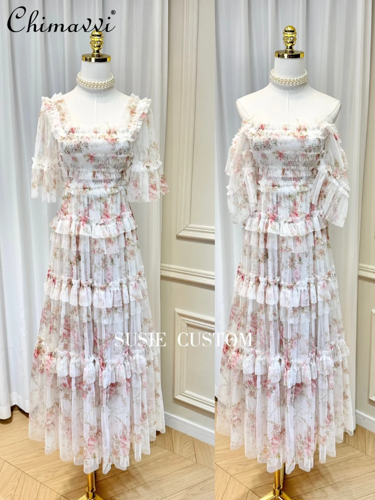 

Sexy Sweet Fashion High Waist Slim Fit Women's Dress Summer Fairy Square Collar Off-Shoulder Ruffled Cake Mesh Large Swing Dress