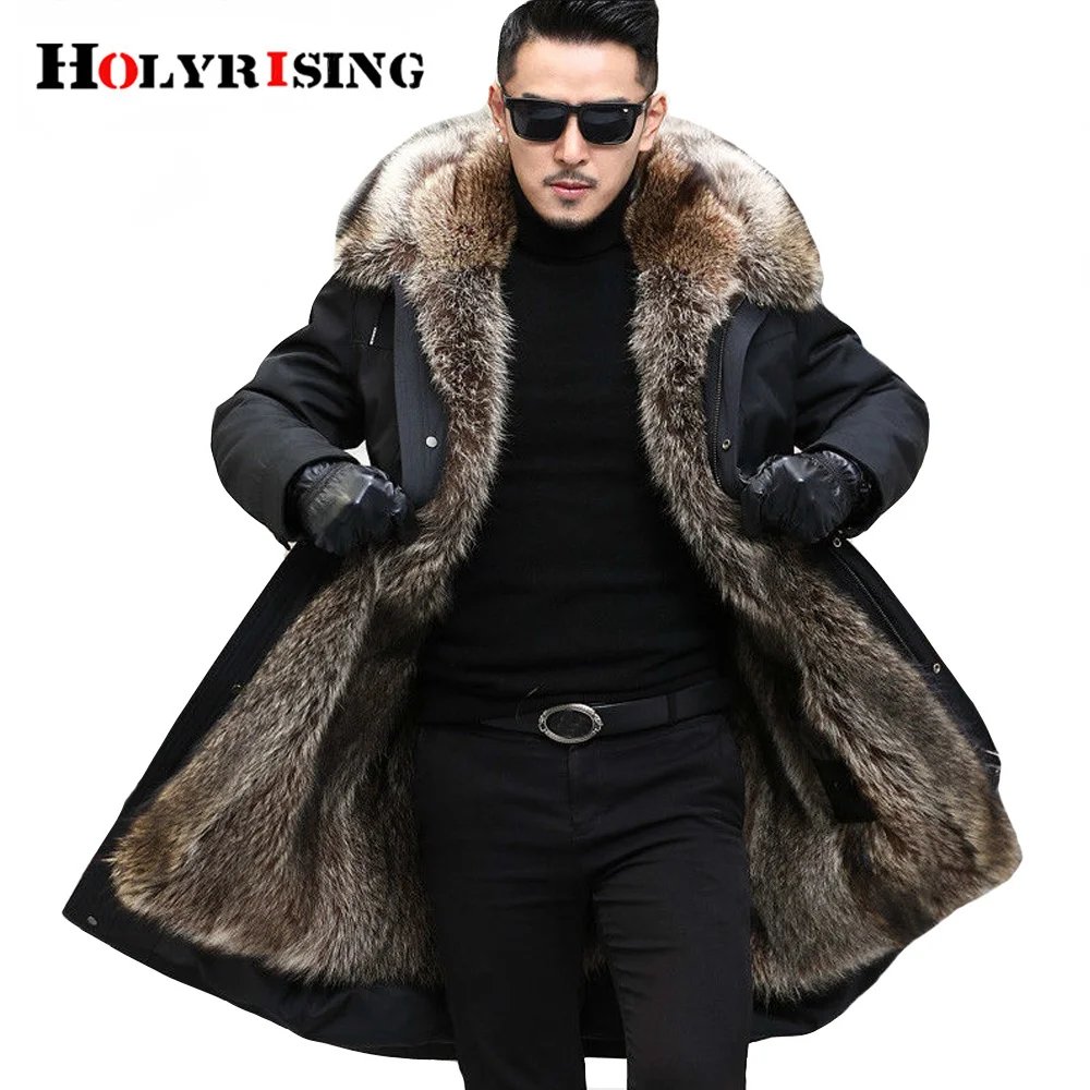 

Holyrising Winter men's long coat with big fur collar thick parka Fake raccoon Jacket Men Fur Parka warm fit Russia