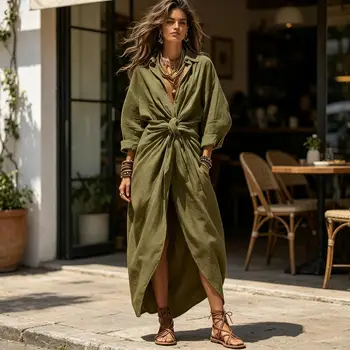 Maxi Shirt Dress for Women V Neck Long Sleeve Ruffled Tie Waist Boho Long Dress, High Slit A-line Loose Flowy Dress with Pockets