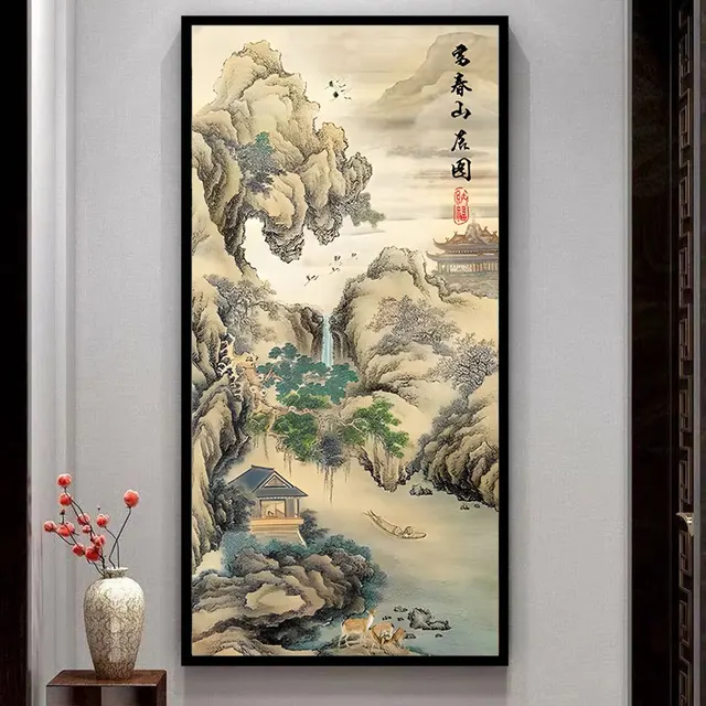 Dwelling in Fuchun Mountains version verticale, kit de broderie au point de croix imprimé sur toile 11CT, ensemble de couture au point de croix 3