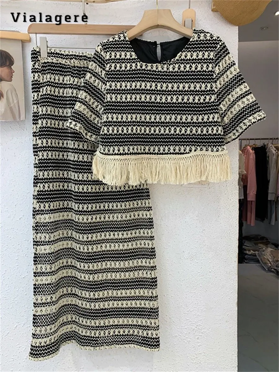 

2023 Summer Vintage Elegant Striped 2 Piece Set Women Short Sleeve Tassels Top + A-line Skirt Casual Two Piece Skirt Set Outfits