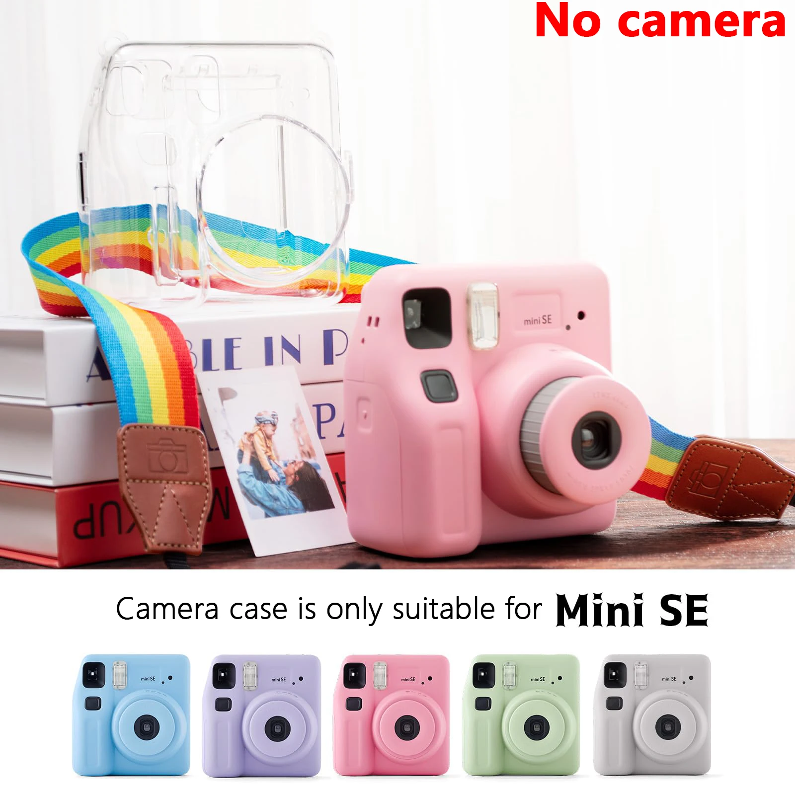 4-piece camera case set for Instax Mini SE camera, hard pvc shell with shoulder strap and decorative stickers-(no camera)