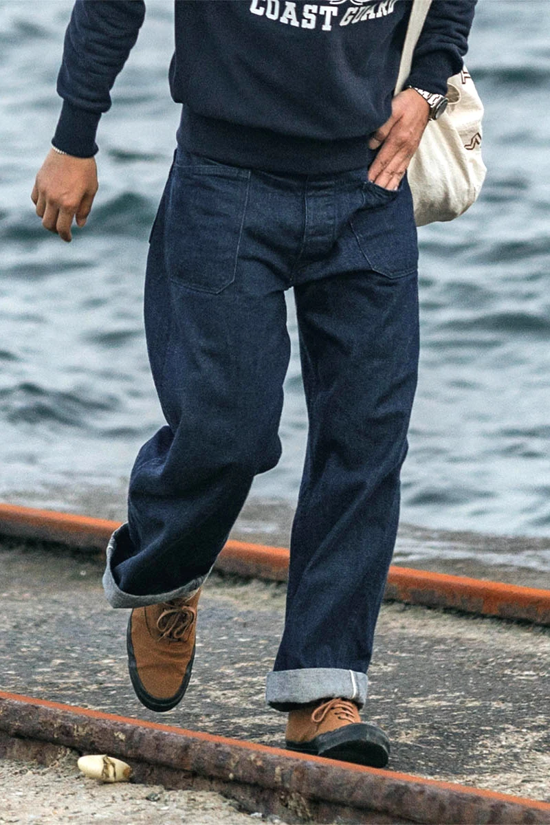 Bronson 1917 Navy Denim Deck Pants Vintage Dungaree Men Selvedge Jeans Loose Fit 6