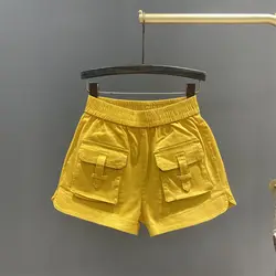 DAYIFUN 여성용 대형 포켓 작업복 반바지, 단색 루즈한 데님 짧은 바지, 레이디 캐주얼 A 라인 와이드 레그 팬츠, 2024 여름 신상
