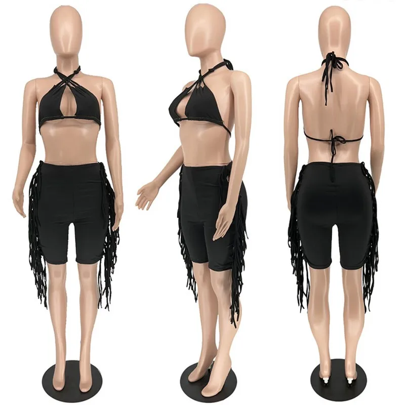 Bikini Fringe Sexy Personality Two Piece Set Women's Summer New Beach Style Solid Color Sleeveless Top Shorts Matching Set 2022