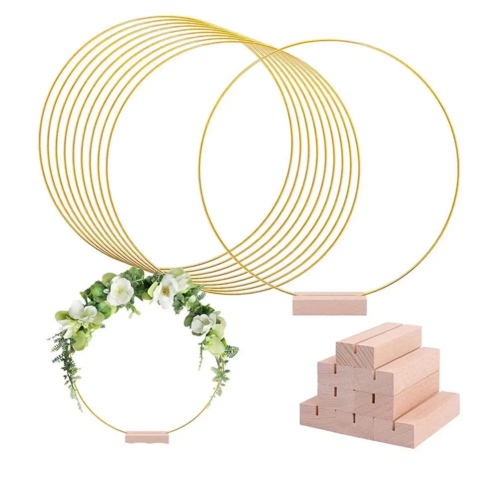 Metal Hoop Centerpiece 10Pcs 12 Inch Round With Wooden Stand Decorative Props Crafts DIY Wedding Event Party Decor