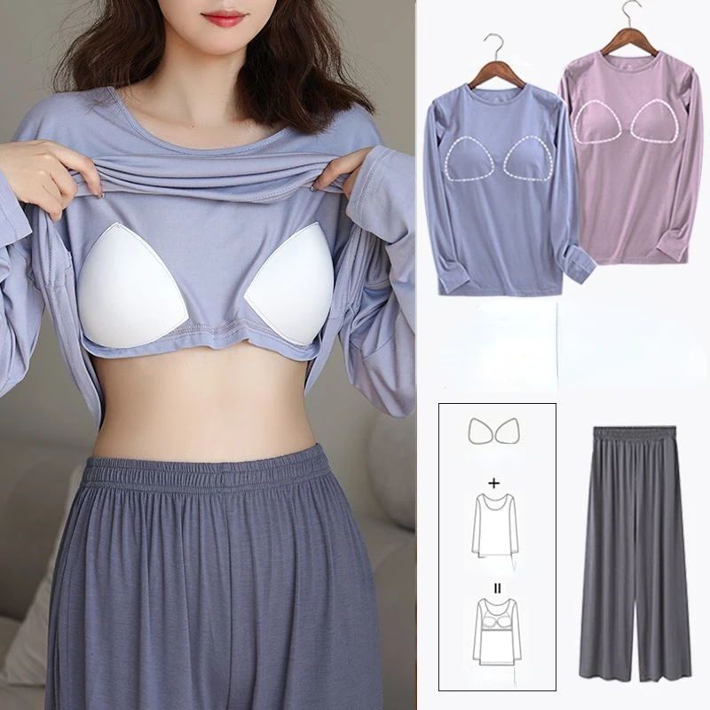 Cotton Sleepwear Women with Chest Pads Pajama Sets Spring Autumn Long Sleeve Pants Summer Pajamas Loungewear Set Loose Korean
