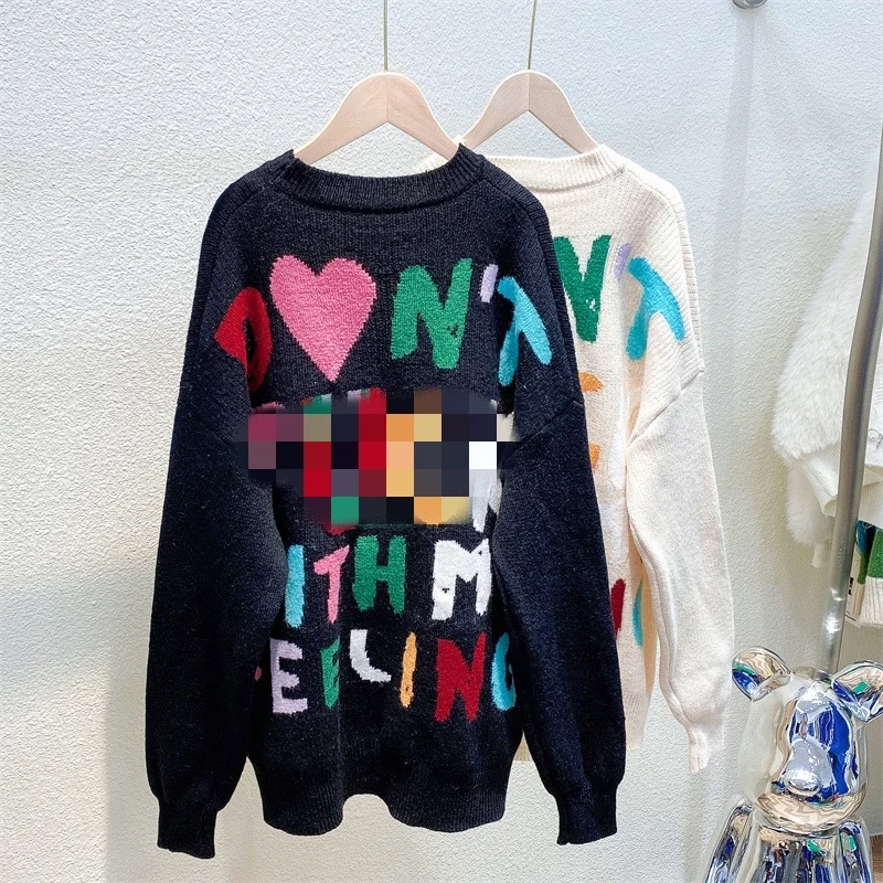 New 2022 Ladies Fashionable Sweater One Size Fits All Women Trendy Long Sleeve Pullover Knit Tops Sweater with Colorful Letters