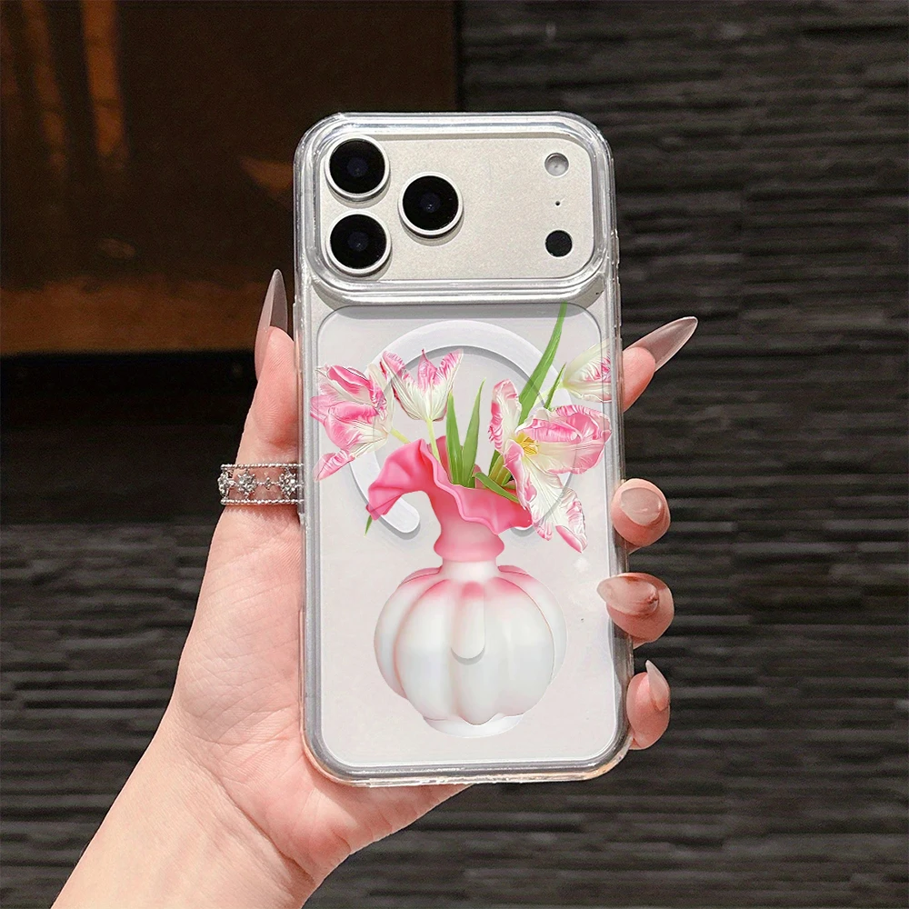 Elegant Pink Tulip Magnetic Transparent Phone Case Cover