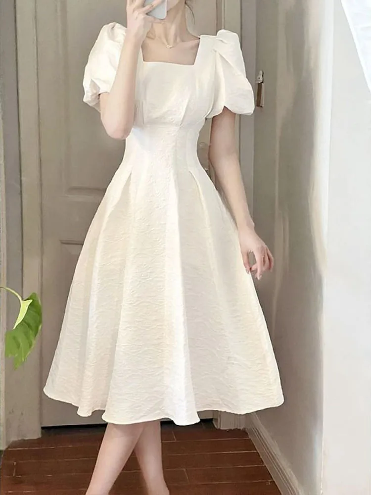 Vintage Dress Women Summer Square Collar Puff Sleeve High Waist A-line  Dress Korean Fashion Preppy Style Skirt Vestidos De Mujer - AliExpress  200000345