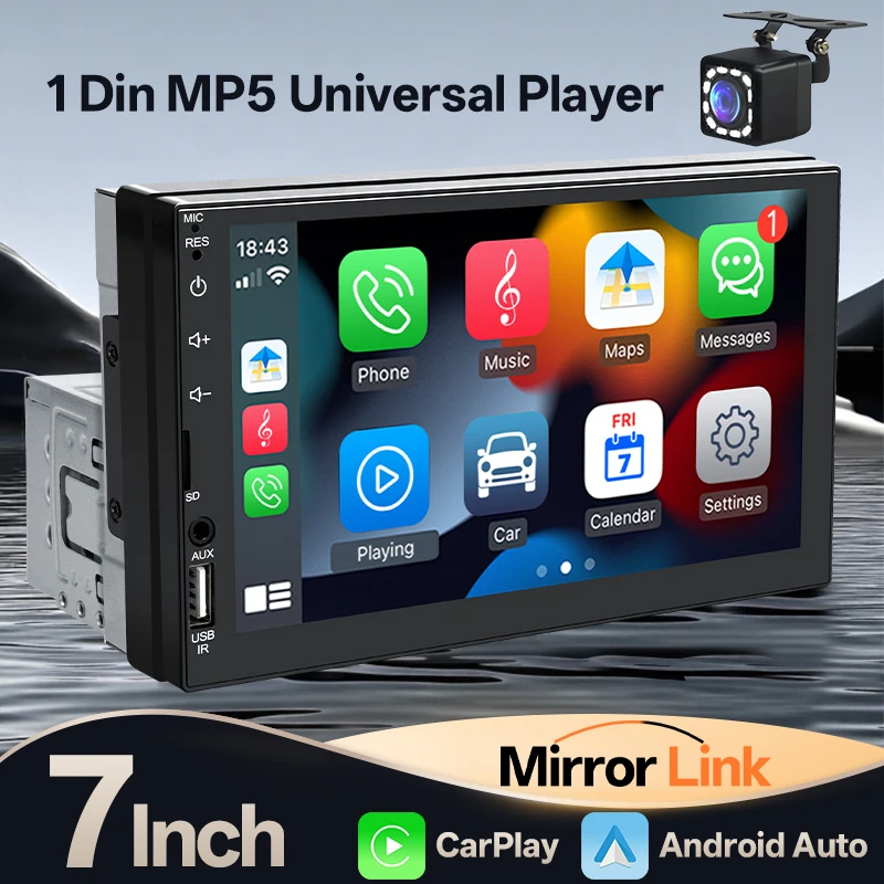 7“ Car Radio 1 Din Carplay Android Auto Multimedia Player USB FM AUX Input Bluet