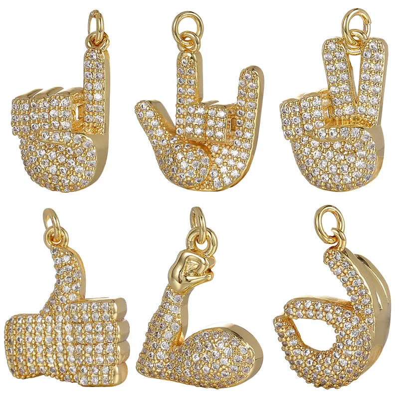 Juya Micro Pave Zircon 18K Real Gold Plated Декоративные сигнальные жесты Подвески для пальцев для DIY Luury Подвеска Панк-ювелирное дело