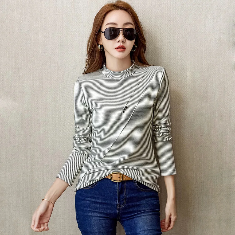 New Women Striped Bottomming Shirt Autumn Winter Fashion Simplicity Half High Collar Long Sleeve Thick Basics Tops Slim T-shirt