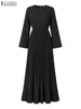 2025 ZANZEA Elegant Women Autumn Long Sleeve Solid Pleated Sundress Muslim Hijab Dresses Turkey Abaya Party Vestidos Robe Femme