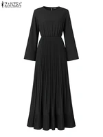 2025 ZANZEA Elegant Women Autumn Long Sleeve Solid Pleated Sundress Muslim Hijab Dresses Turkey Abaya Party Vestidos Robe Femme