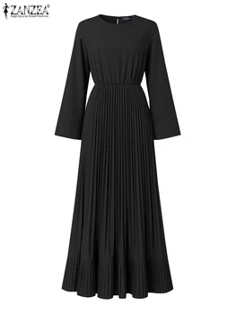 2025 ZANZEA Elegant Women Autumn Long Sleeve Solid Pleated Sundress Muslim Hijab Dresses Turkey Abaya Party Vestidos Robe Femme