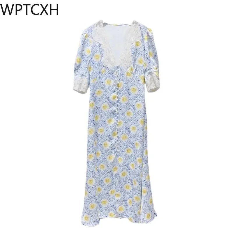 

Luxury Pretty Design Sen Women's Midi Dress 2024 New Lace Trim Stitching High Waist Vneck Loose Preppy Style Elegant Half Sleeve