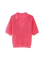 Women Fashion Pointelle Knit Loose Sweater Polo Collar Short Sleeve Female Pullovers Chic Tops - Image 2