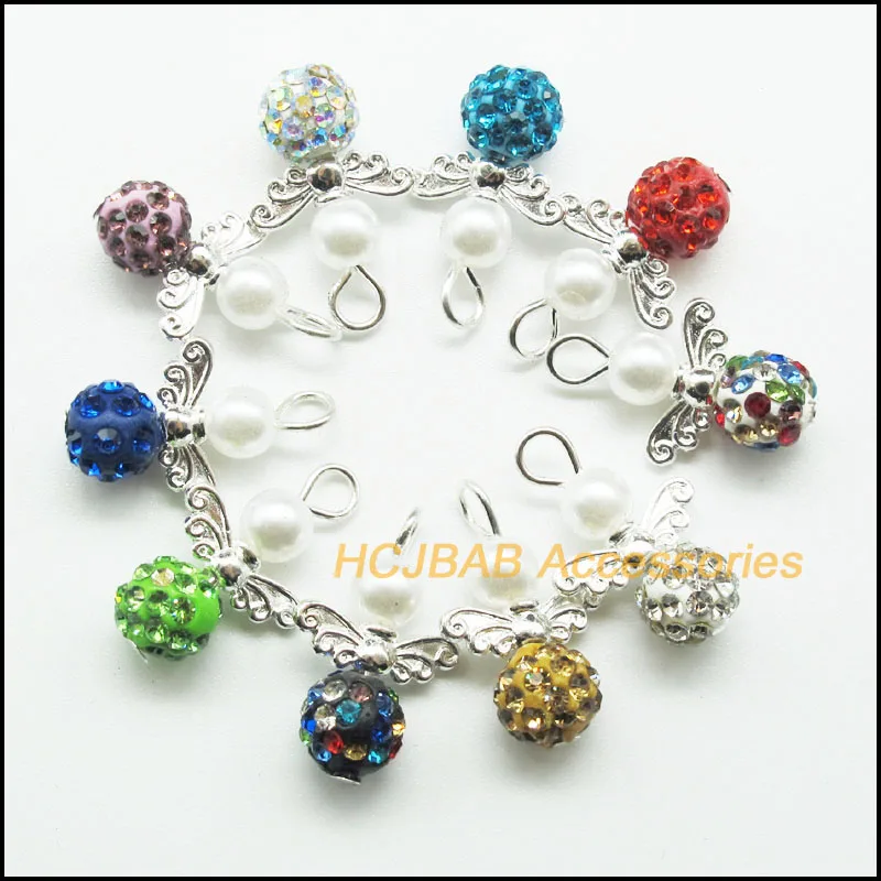 

10 New Mixed Round Clay Angel Charms Silver Plated with Crystal Pendants 14x22mm