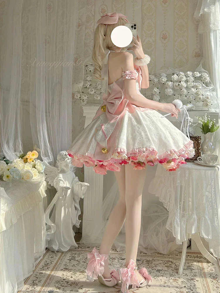 Vestido de empregada rosa Lolita para mulheres, traje Cosplay