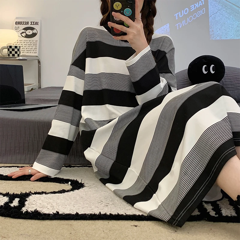 Autumn new knitted imitation cotton ladies long-sleeved long skirt striped cute sweet princess style casual nightdress home wear