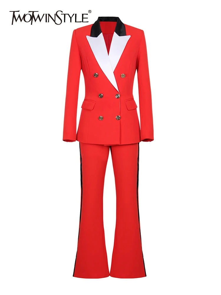 

TWOTWINSTYLE Casual Loose Two Piece Sets For Women Lapel Long Sleeve Tops High Waist Flare Pant Temperament Set Female Clothing