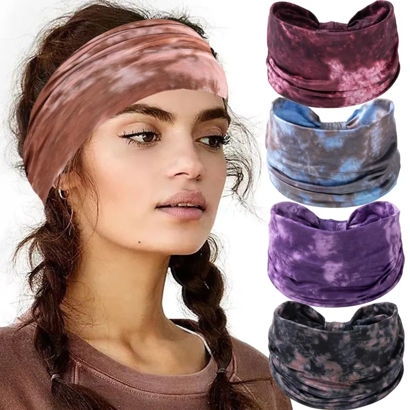 

Tie Dye Wide Boho Headbands Women Knotted Headband Non Slip Elastic Hair Bands Turban Head Wraps Yoga Workout Exercise Sweatband